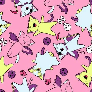 Vector kawaii pattern of Halloween cats and creatures Illustrazione stock