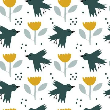 Vector kids seamless background spring pattern with scandinavian bird and flower Illustrazione stock