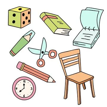 Vector kids set with hand drawn elements pencil, book, chair, cube, marker Stock Illustration