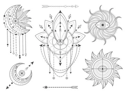 Vector kit of Sacred geometric and natural symbols on white background Stock Illustration