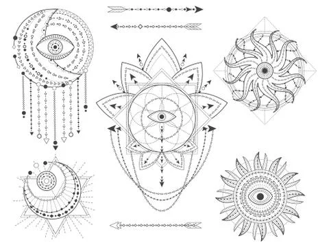 Vector kit of Sacred geometric and natural symbols on white background Stock Illustration