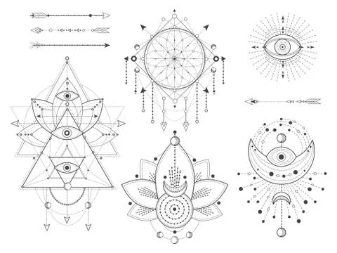 Vector kit of Sacred geometric and natural symbols on white background Stock Illustration