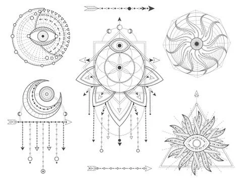 Vector kit of Sacred geometric and natural symbols on white background Stock Illustration