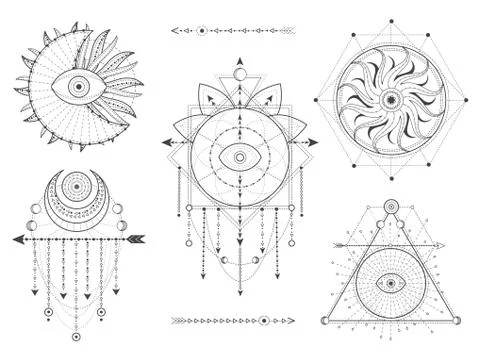 Vector kit of Sacred geometric and natural symbols on white background Stock Illustration