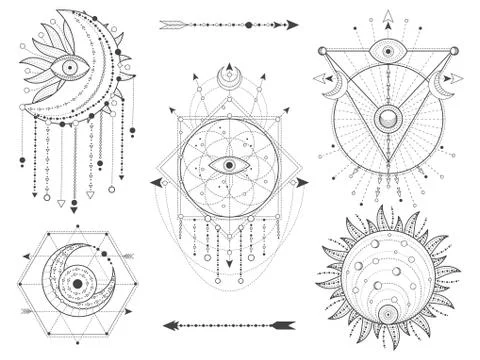 Vector kit of Sacred geometric and natural symbols on white background Stock Illustration
