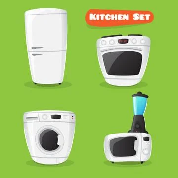 Vector kitchen appliance collection. Fridge, stove, microwave oven, washing m Stock Illustration