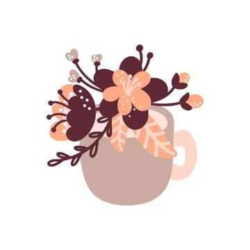 Vector kitchen cup illustration with floral bouquet for food blog. Hand drawn 스톡 일러스트