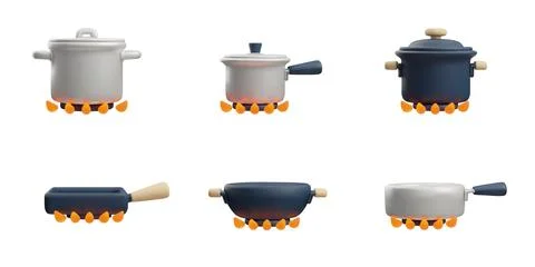 Vector kitchen design 3d icon pots and pans on a white background Stock Illustration