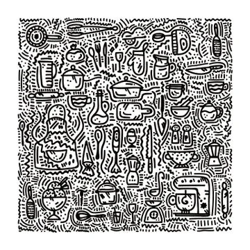 Vector kitchen Doodle background. Cafe template design: Delicious food, kitchen Stock Illustration