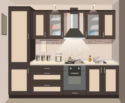 Vector kitchen interior card flat illustration Stock Illustration