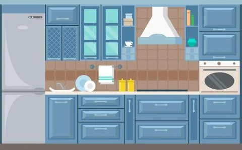Vector kitchen interior card flat illustration Stock-Illustration