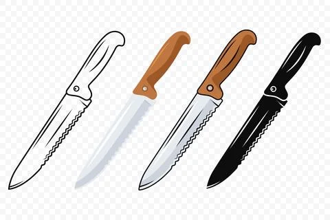 Vector Kitchen Knife Icon Set. Bread Knife with Serrated Blade, Kitchen Knife Stock Illustration