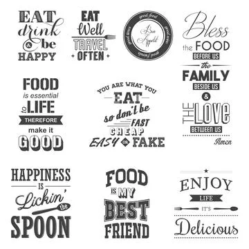 Vector Kitchen Quotes Typography Set. Black and White Cooking and Food Lettering Stock Illustration