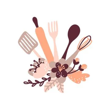 Vector kitchen tools set as bouquet and flowers. Kitchenware collection. Modern Stock Illustration