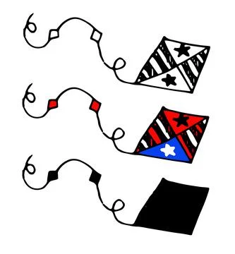 Vector kite in red and white stripes and stars. hand-drawn doodle-style kite in Stock Illustration