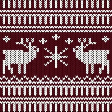 Vector knitting new year background. red sweater with white reindeer. Stock Illustration