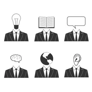 Vector. Knowledge,education abstract icons. Bulb head, idea head, book head Stock Illustration