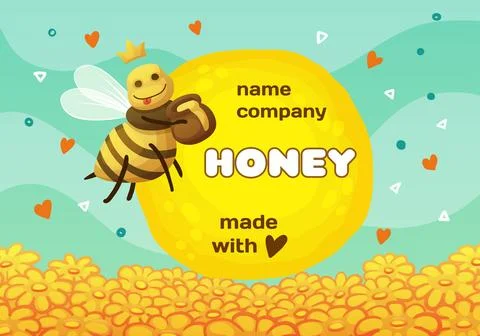 Vector label for honey product packaging, bee gathering honey with a pot cartoon Stock Illustration