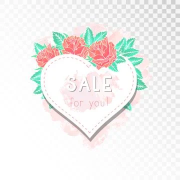 Vector label or tag with roses, watercolor elements and inscription. Stock Illustration