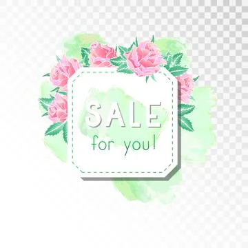 Vector label or tag with roses, watercolor elements and inscription. Illustrazione stock