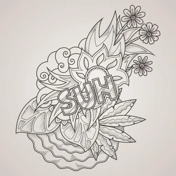 Vector label with sea, sun, leaves and flowers. Sunny, summer character. Prin Stock Illustration