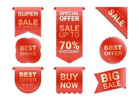 Vector labels isolated on white background. Sale promotion, website stickers, Illustrazione stock