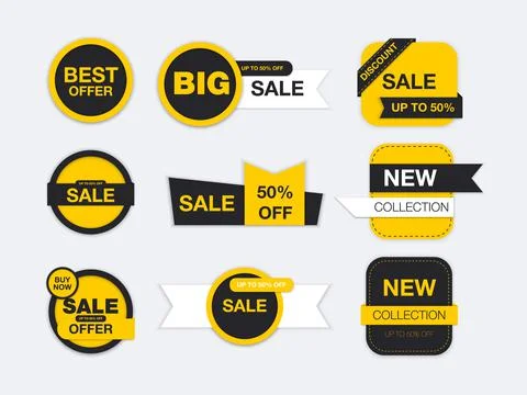 Vector labels isolated on white background. Sale promotion, website stickers, Illustrazione stock
