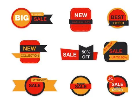 Vector labels isolated on white background. Sale promotion, website stickers, Illustrazione stock