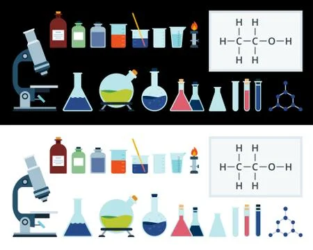 Vector Laboratory Equipment, glassware set. Test tubes, chemistry beakers with Illustrazione stock