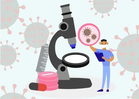 Vector of laboratory technician detecting virus bacteria by microscope. Stock Illustration