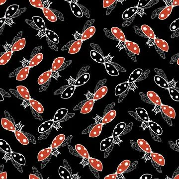 Vector lady bug on black seamless pattern print background. Stock Illustration