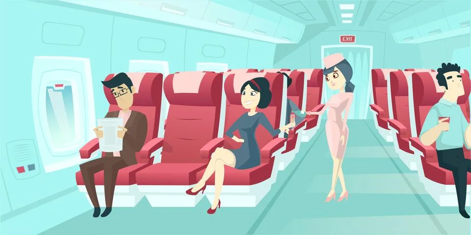 Vector of a lady flight attendant serving drinks to passengers on board of th Stock Illustration