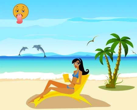 Vector lady resting on the seashore with palm trees, dolphins .jpg Stock Illustration