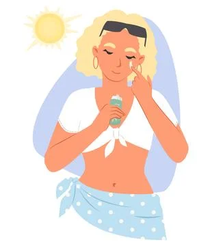 Vector lady using sunscreen applying cream on face Stock Illustration