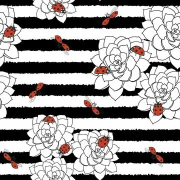Vector ladybug stripes succulents seamless pattern print background. Stock Illustration