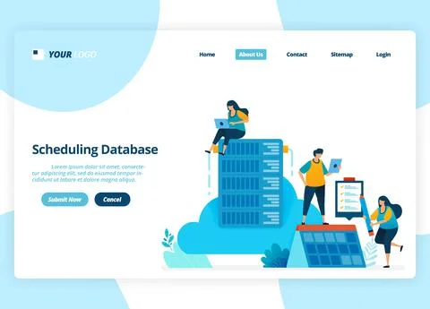 Vector landing page design of database scheduling. cloud system management an Stock Illustration