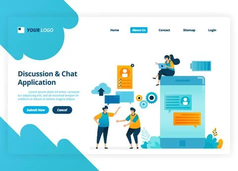 Vector landing page design of discussion and chat apps. Chatbot technology fo Illustrazione stock
