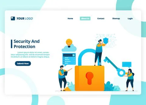Vector landing page design of security and protection. Security system with a Stock Illustration