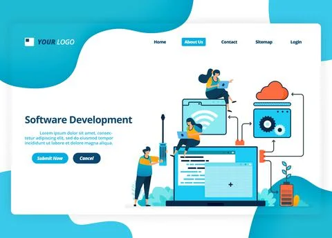 Vector landing page design of software development. Flowchart in planning and 库存插图