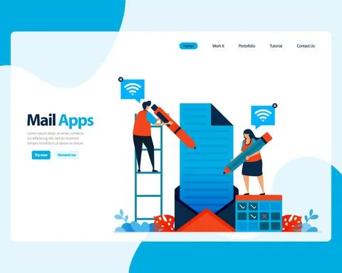 Vector landing page of sending, receiving, managing e-mail. work scheduling w Stock Illustration