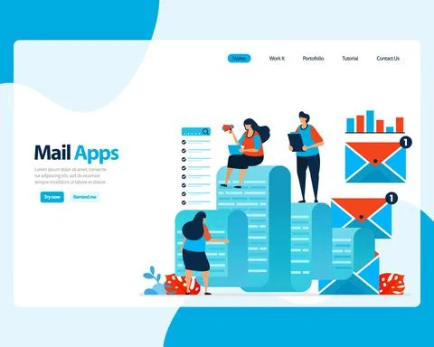 Vector landing page of sending, receiving, managing e-mail. work scheduling w Stock Illustration