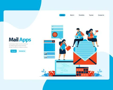 Vector landing page of sending, receiving, managing e-mail. work scheduling w Illustrazione stock