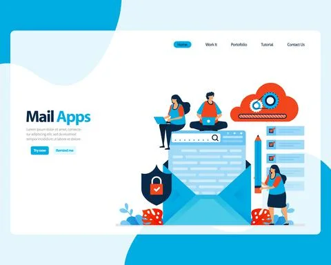 Vector landing page of sending, receiving, managing e-mail. work scheduling w Stock Illustration