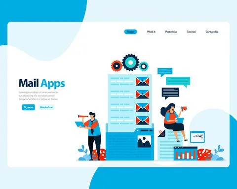Vector landing page of sending, receiving, managing e-mail. work scheduling w Stock Illustration