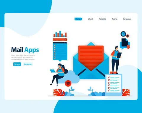 Vector landing page of sending, receiving, managing e-mail. work scheduling w Stock Illustration