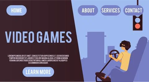 Vector landing page template with a man playing a racing video game. Stockillustratie