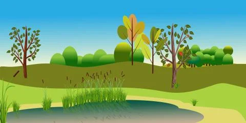 Vector Landscape with attractive view lake and forest. Reed plants and sand. Stock-Illustration