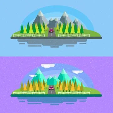 Vector landscape background. Road in green valley, illustration in flat design Stock Illustration