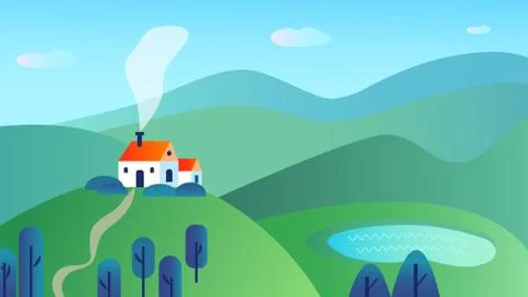 Vector landscape background of the rural fields and mountains Stock Illustration