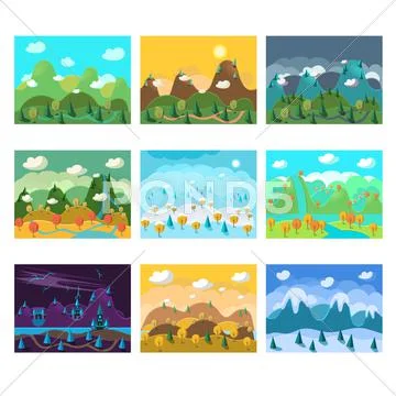 Vector Landscape Cartoon Seamless Backgrounds Set Stock Illustrationen